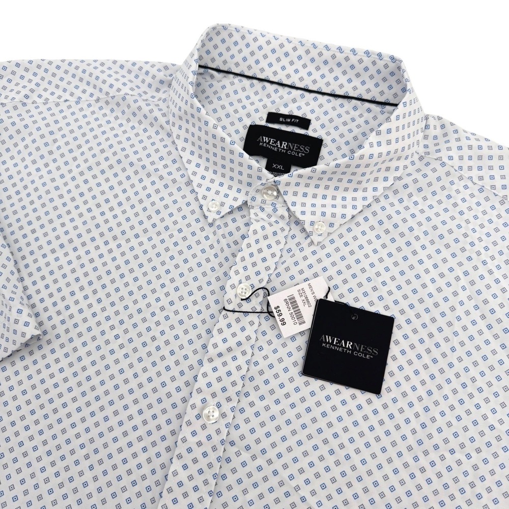 Awearness Kenneth Cole Shirt Mens XXL White Blue Geo Slim Fit Short Sleeve NEW